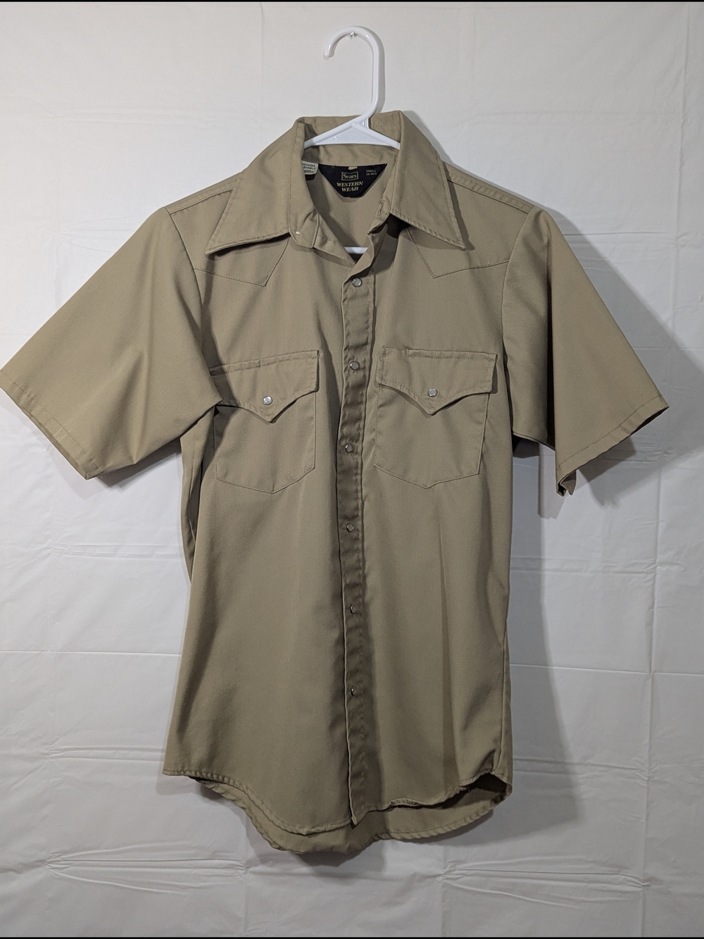 Vintage Sears Western Wear Pearl Snap Shirt Tan Short Sleeve Cowboy Rockabilly S